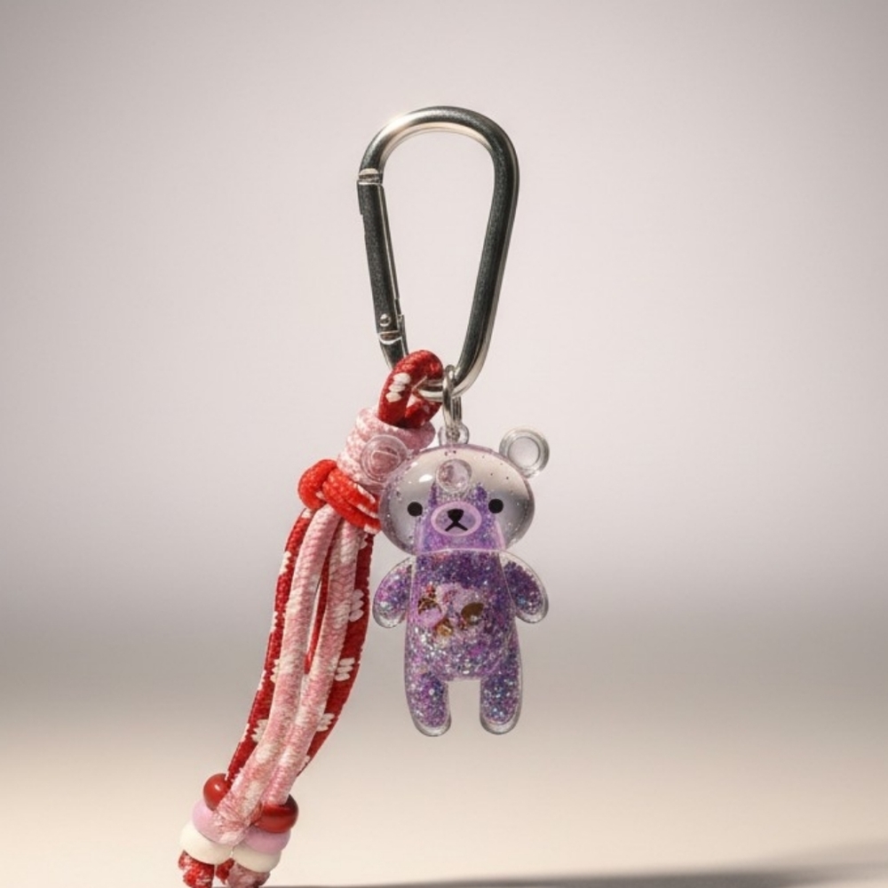 Purple Glitter Bear Keychain Charm for Kids